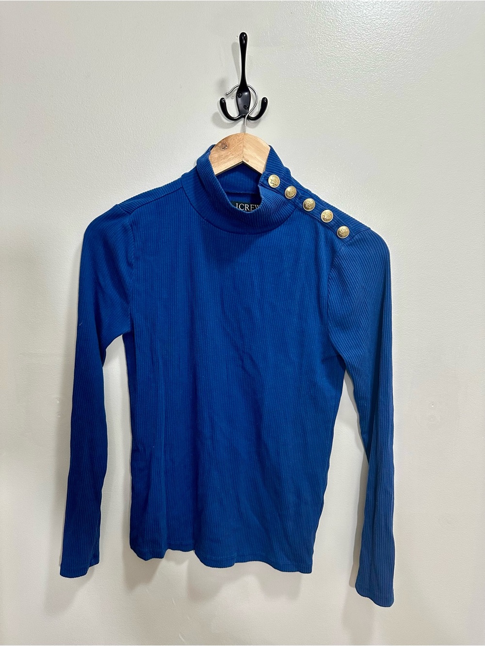 J. Crew Navy Blue Ribbed Turtleneck Gold Shoulder Buttons Size S